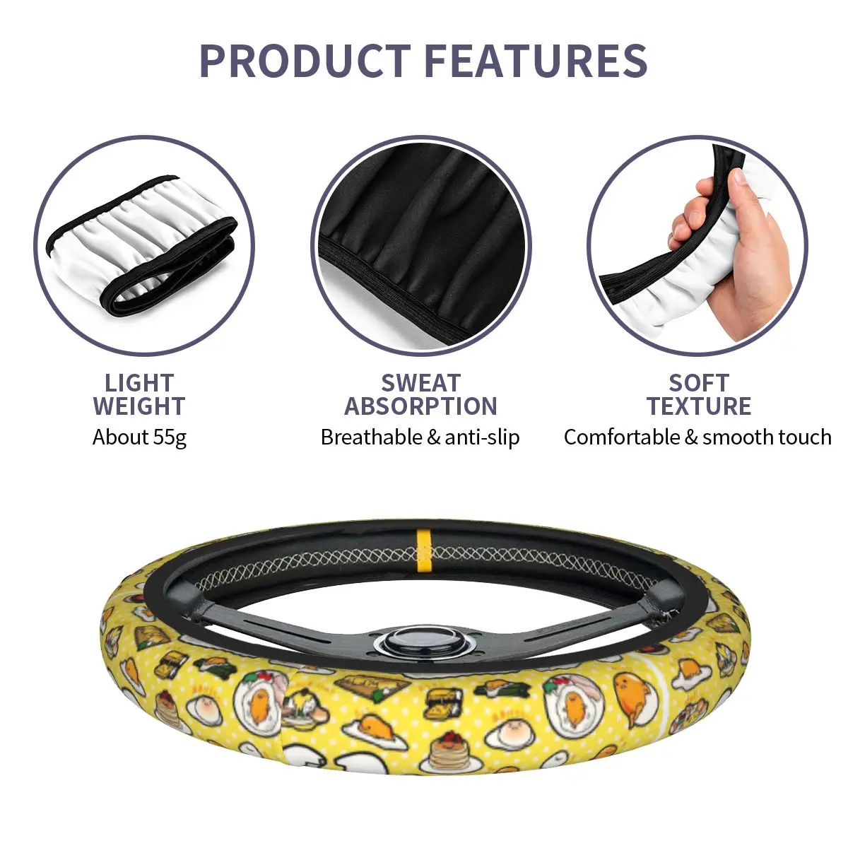 Yoga Gudetama Egg Car Steering Wheel Cover 38cm Non-slip Auto Steering Wheel Protector Elastische Car-styling Car Accessories