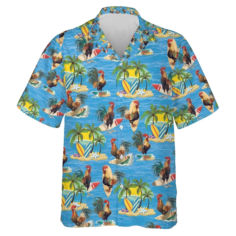 Fashion Rooster Graphic Short Sleeve Shirts For Men Hip Hop Hawaii Beach Shirt Funny Chicken Lapel Blouse Women Button Tops