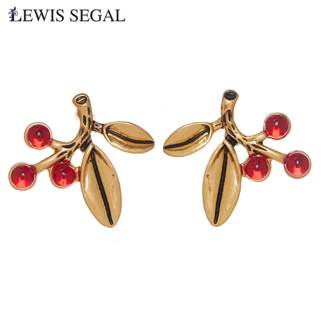 LEWIS SEGAL Medieval Style Jewelry Vintage Earrings for Women Small Leaf Shaped Ruby Embedded 18K Gold Plated