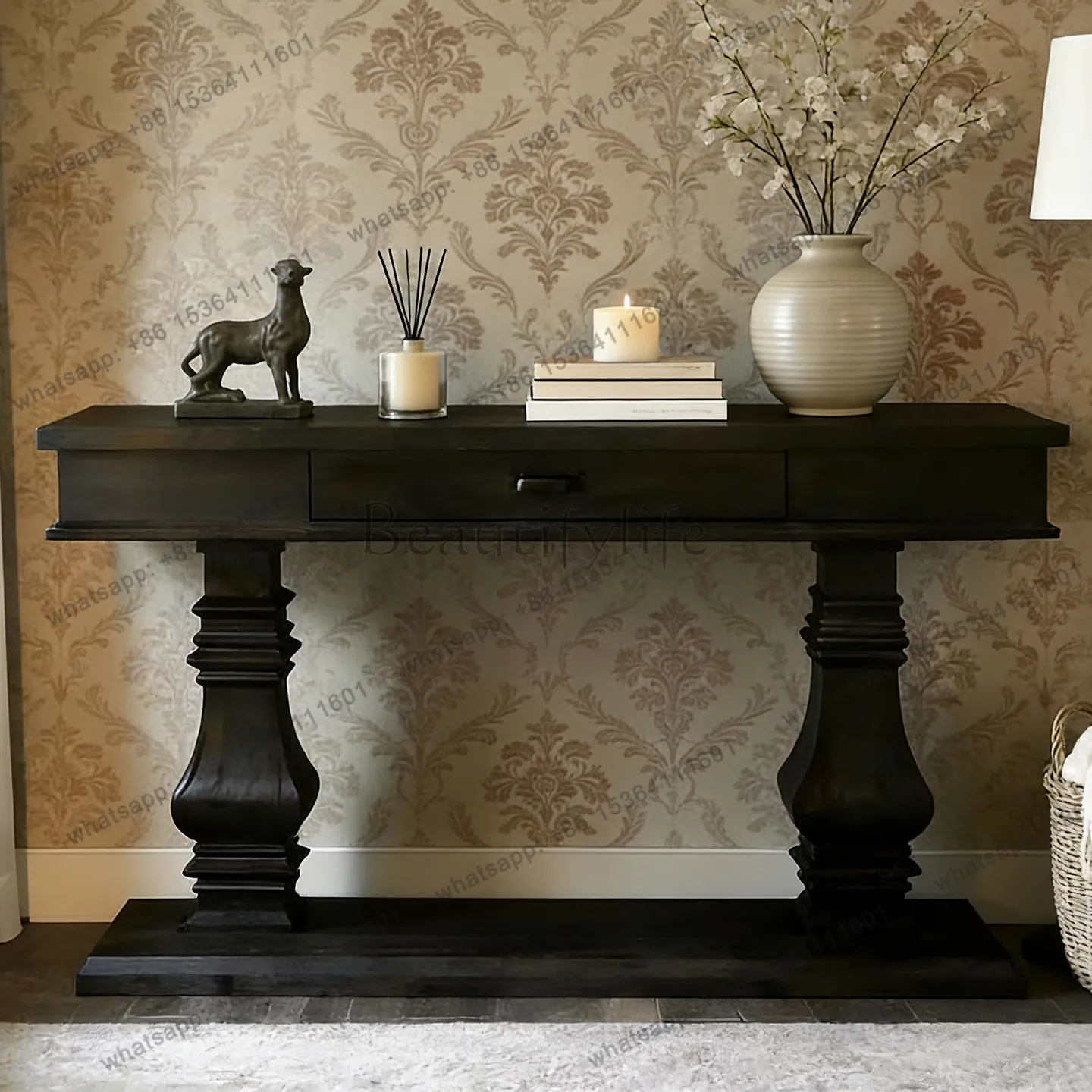 

American retro solid wood porch black classical column design living room decoration table