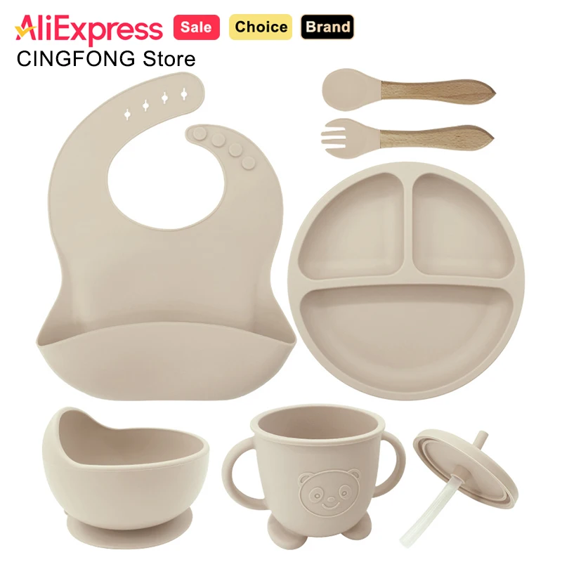 

6Pcs Silicone Baby Feeding Set Toddler Weaning Supplies Bib Divided Plate Suction Bowl Sippy Cup Spoon Fork Baby Led Weaning