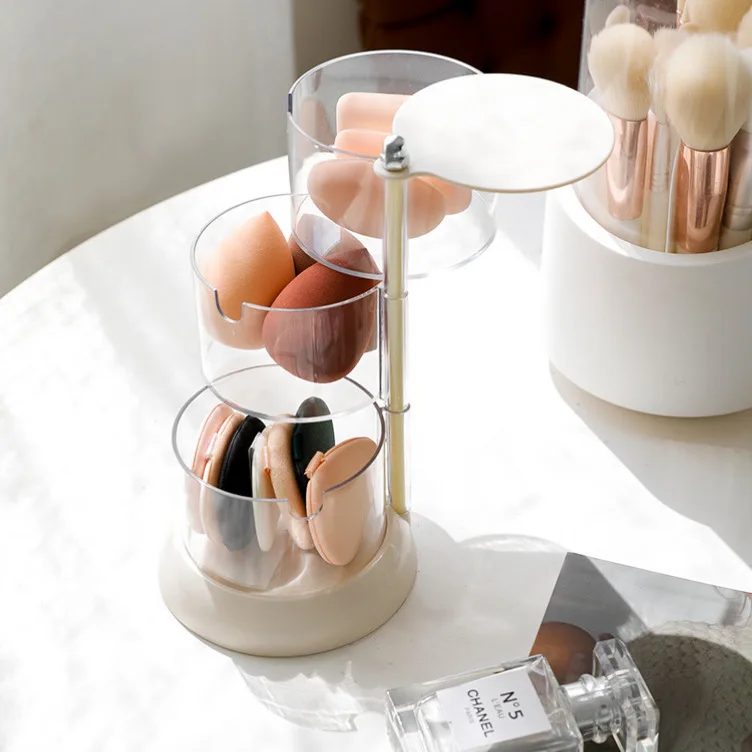 Caja de almacenamiento giratoria Puff, licuadora de belleza a prueba de polvo, almohadilla de algodón, almacenamiento transparente, estante transparente
