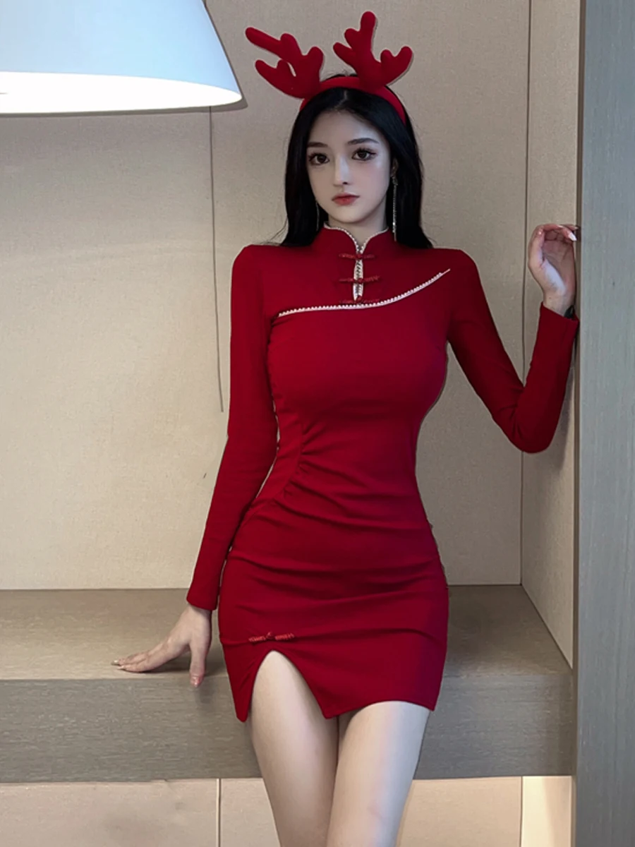 

Сексуальная ретро-юбка Cisas Par Qipao ort, облегающая длинная юбка с воротником-стойкой и высокой талией, расшитая бисером, с запахом вокруг юбки