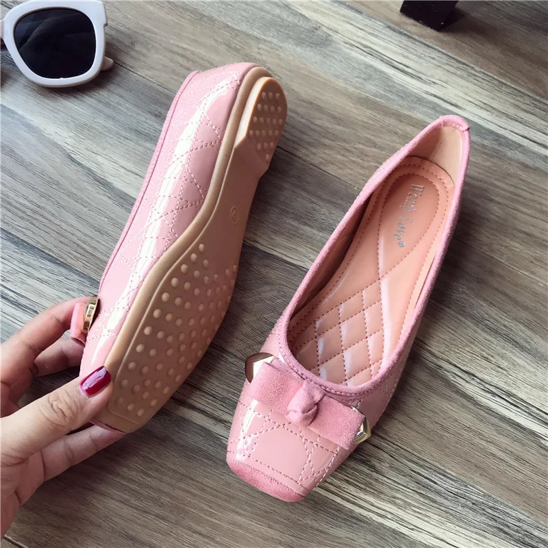 Japanned Lederen Antislip Flats Vrouwen Stevige Ondiepe Ballerina Plus Size35-41 Kantoorschoenen Dames Vierkante Neus Strik Mocassins