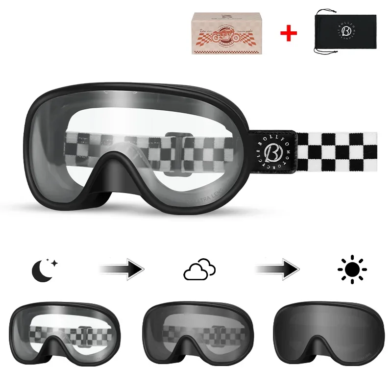 

BOLLFO Light Adaptive Riding Goggles Impact Resistant Windproof Motorcycle UV Protection OTG Helmet Compatible Glasses