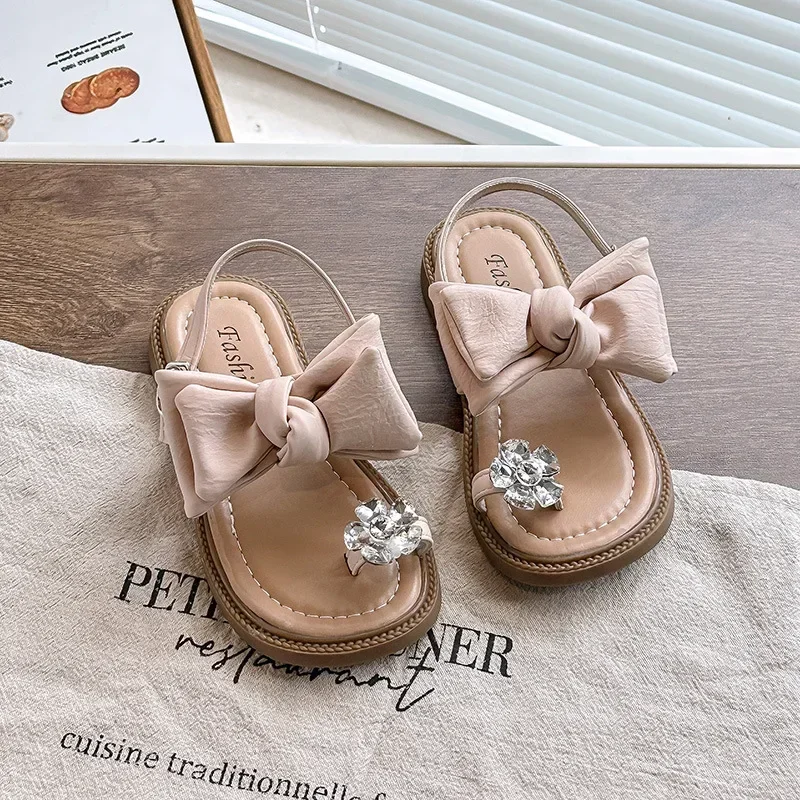 2026 Summer New Girls Sandals Open Toes Big Bows Sweet Children Princess Shoes Shiny Crystal Flowers Kids Beach Shoes Casual