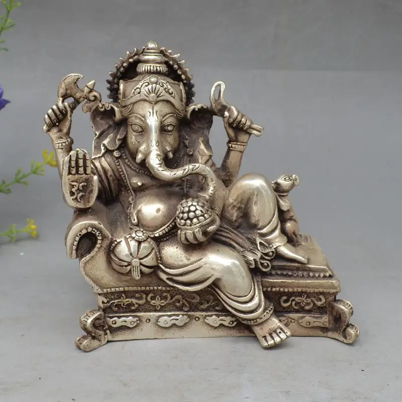 

6"; luy Chinese Tibet Silver 4 Arms Ganesh Elephant Mammon Buddha Mouse Statue