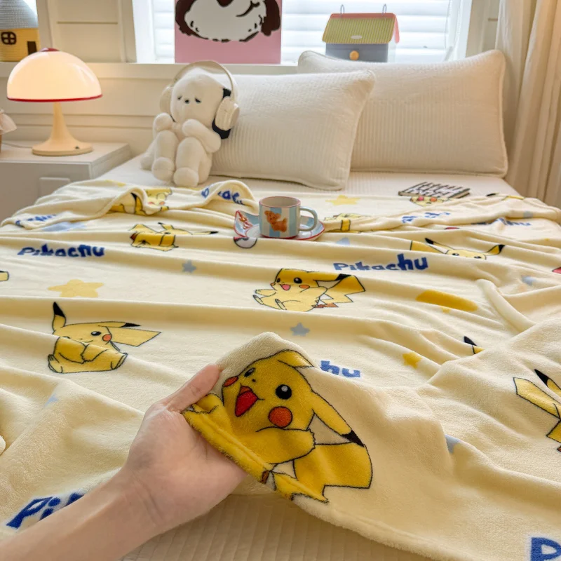 Cartoon Pikachu Double Sided Milk Fleece Blanket Warm Multi-purpose Air Condition Blanket Single Bed Sheet Throw Blanket