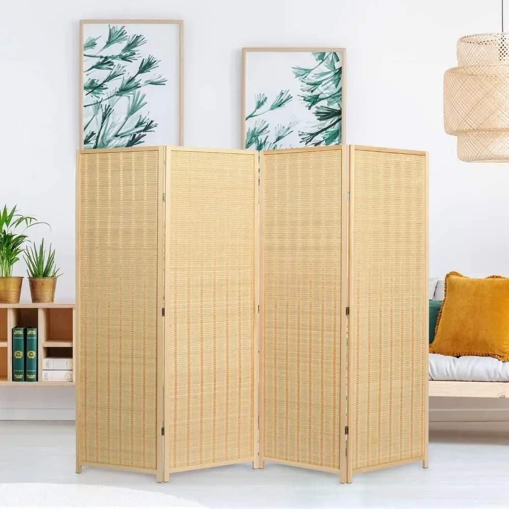 Decorative Freestanding Beige Woven Bamboo 4 Panel Hinged Privacy Screen Portable Folding Room Divider Office Partition Moving