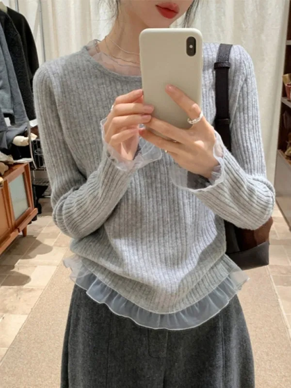 Korean Style round Neck Lace Splicing Knitted Sweater Women's Autumn Winter Beautiful Inner Shirt Shoulder Level Top