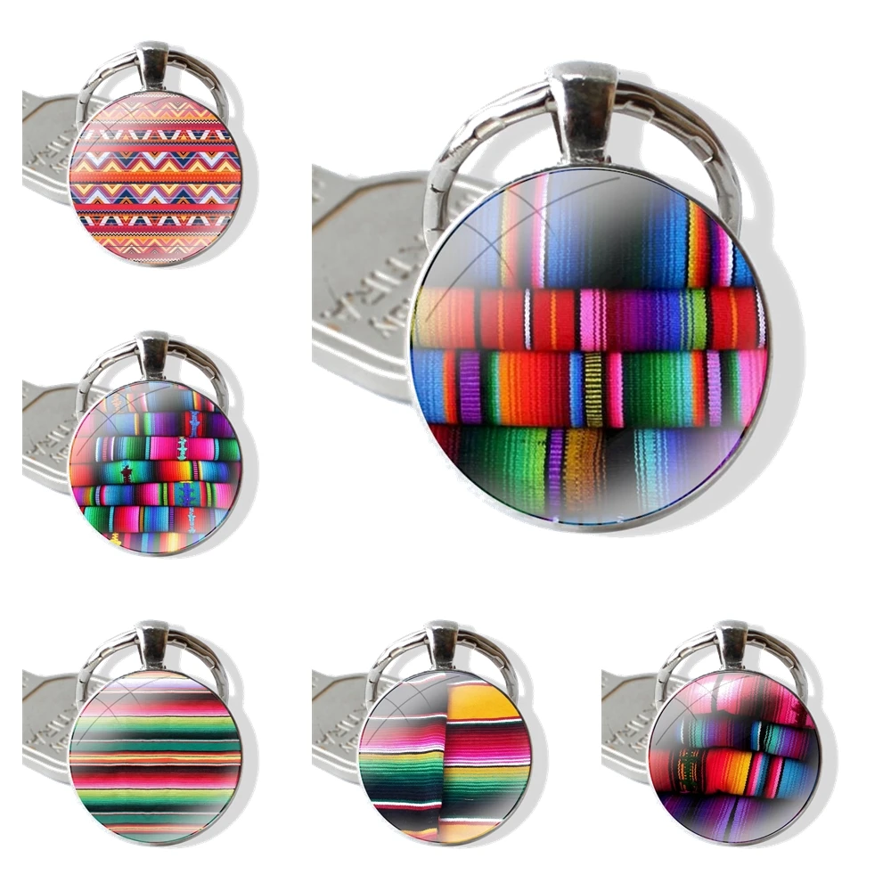 Mexican blankets Colorful Art 25mm Glass Cabohcon Keychain Key Rings for Women Men Jewelry Gift