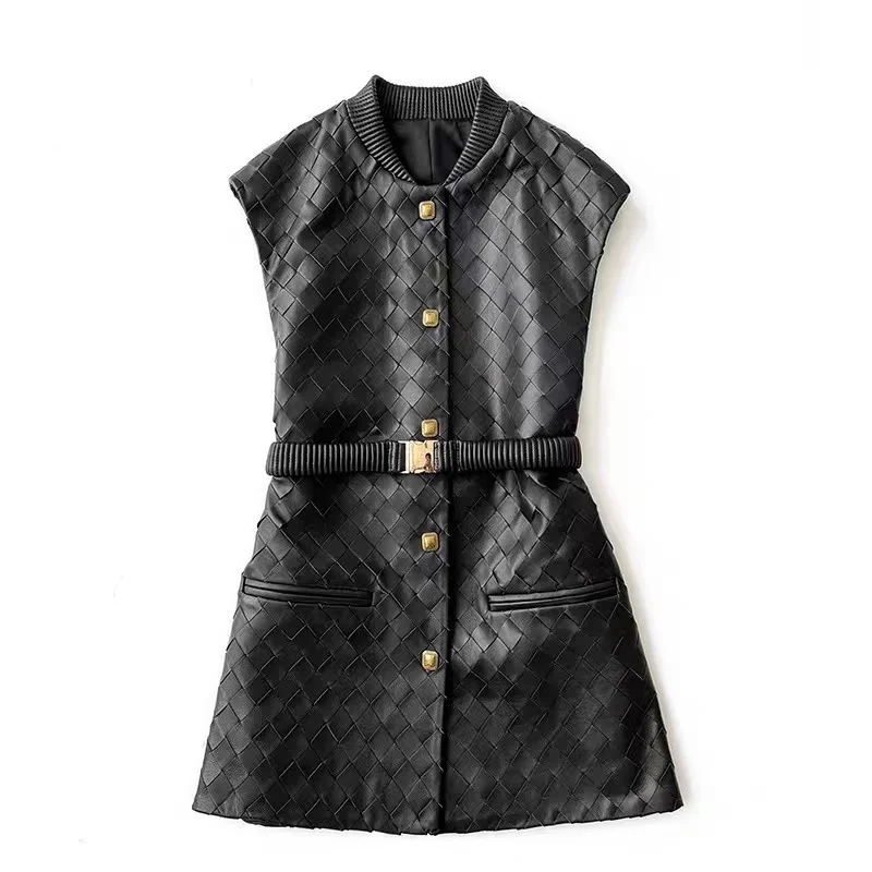 Luxury Hand Knittd Leather Jacket For Women 2024 NEW Female Retro Square Buttons O-Neck Long Vest Waistcoat with Elastic Blet