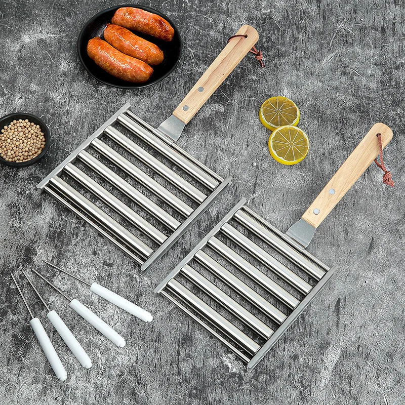 

1set Hot Dog Rack Square Stainless Steel Grill Removable Anti-rust Rolling Portable Round Household