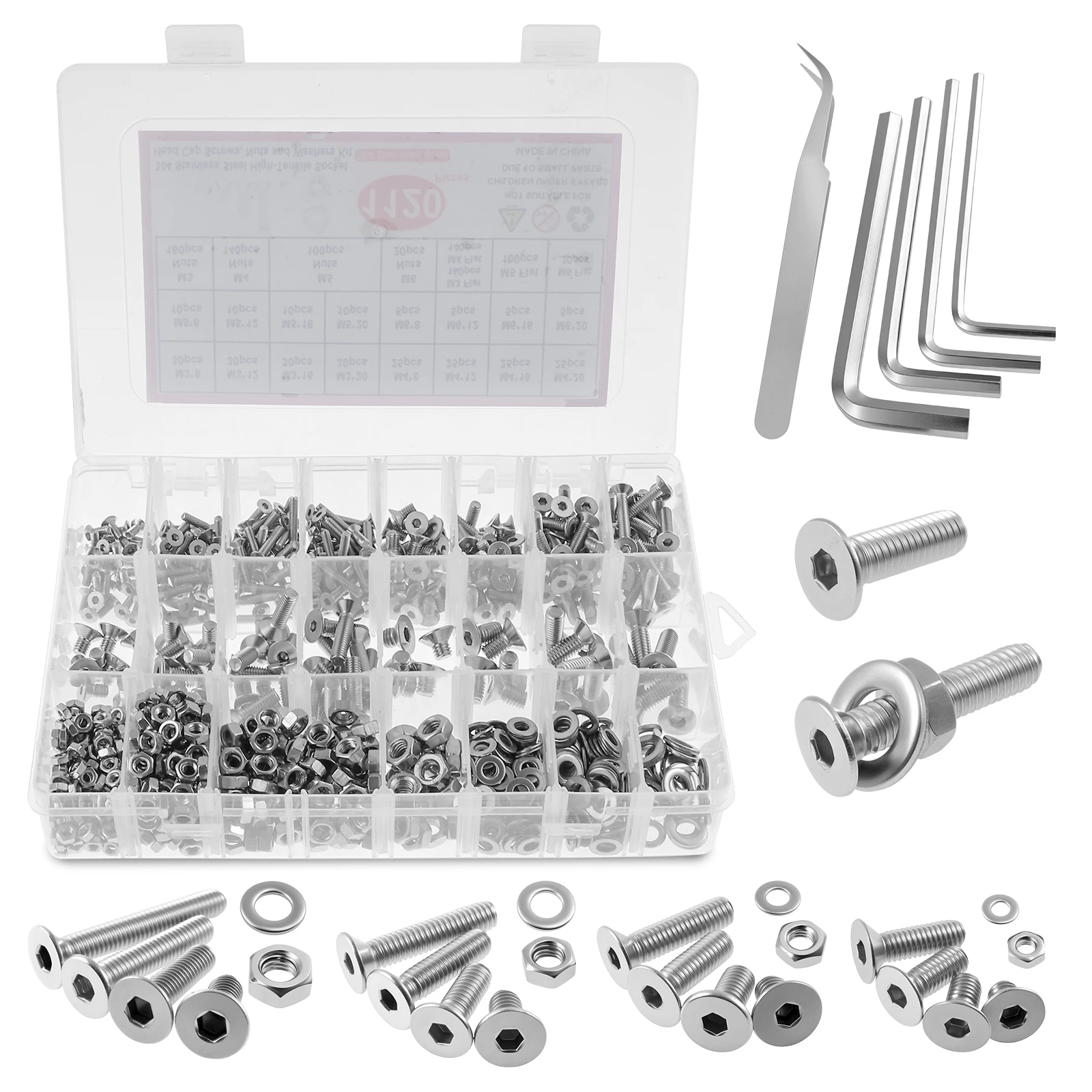 

1120pcs M3 M4 M5 M6 Countersunk Screws with Hexagon Socket Flat Button Screw Set Stainless Steel Countersunk Screws Nuts and Was