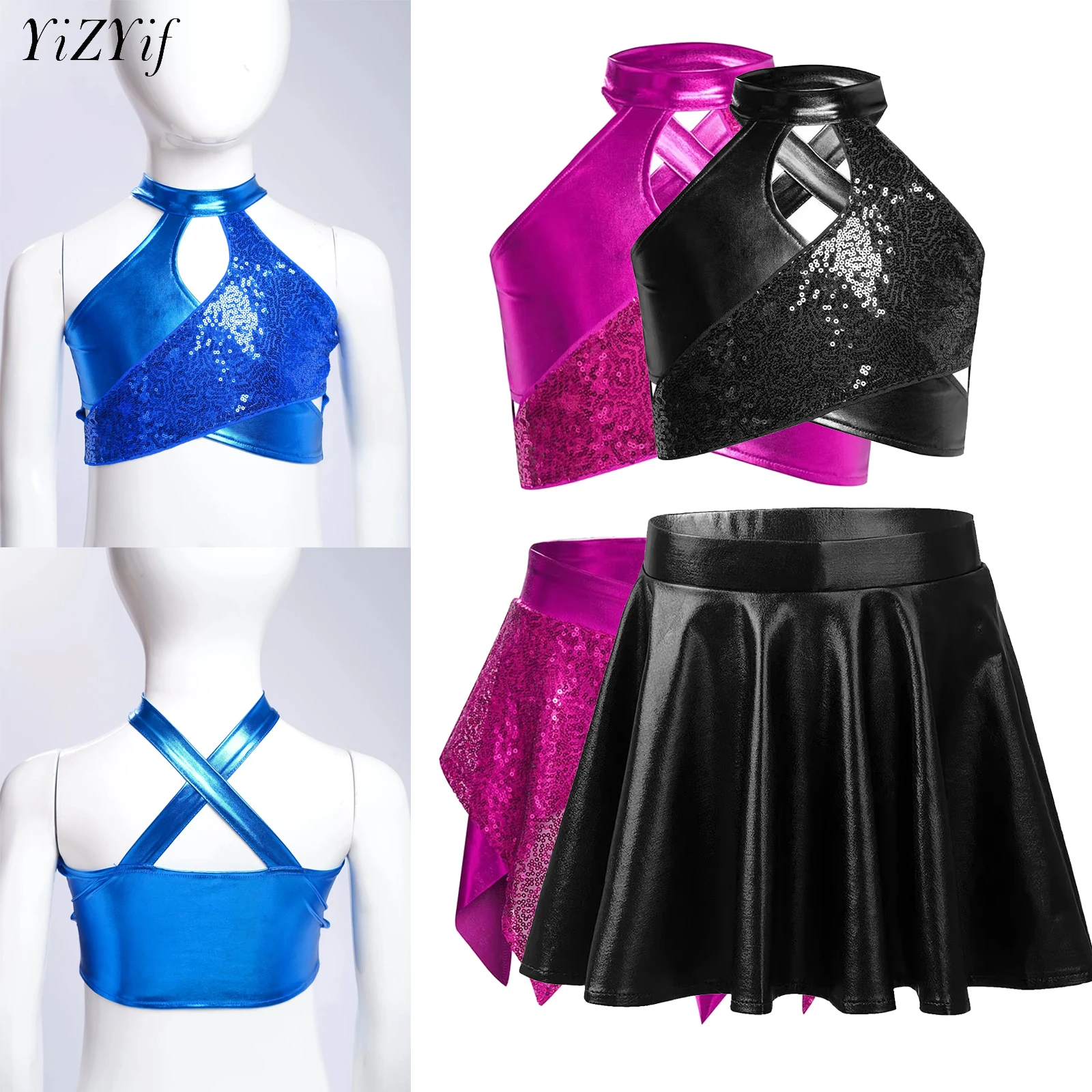 

Kids Girls Sequins Ballet Dance Sets Glitter Gymnastics Skating Costume Outfits for Modern Latin Jazz Dancing Stage Performance