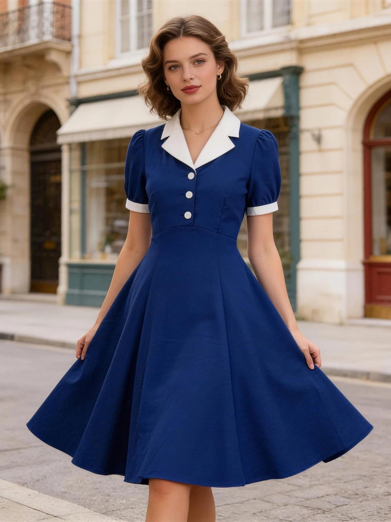 Tonval Notched Collar Buttons Front Women Elegant Summer Dresses High Waist Vintage Flared Hem Swing Dress