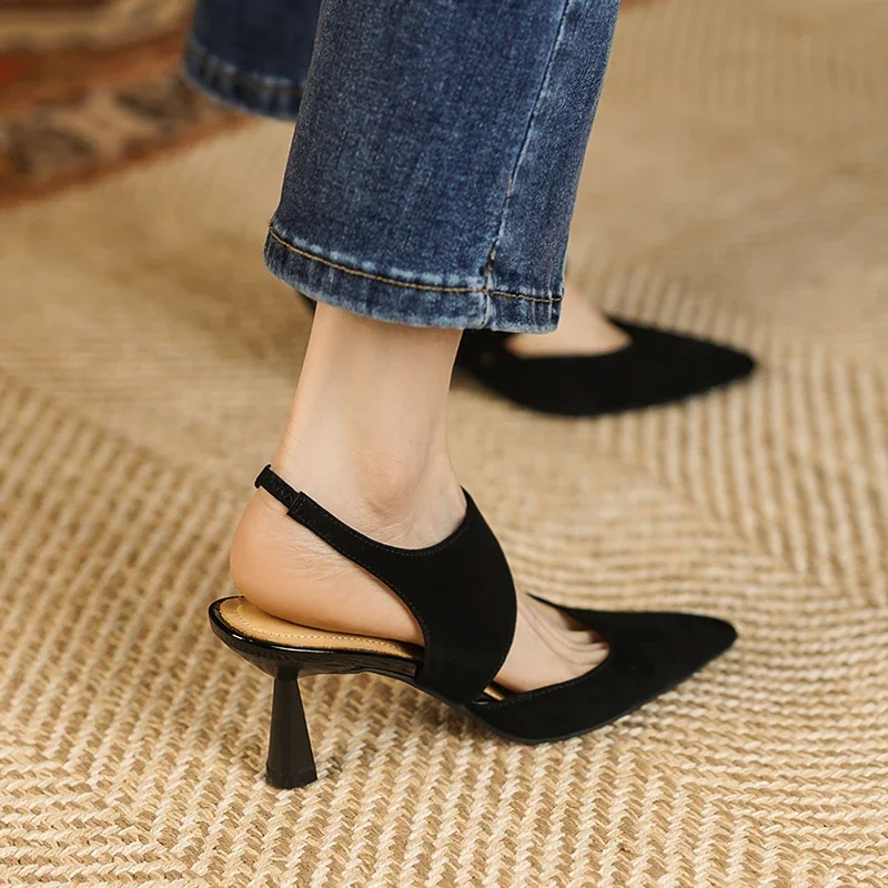 2024 New Spring Suede Genuine Leather Women Shoes Retro Slip-On Women Pumps Pointed Toe Heels Shoes Women Heels Ladies Shoes