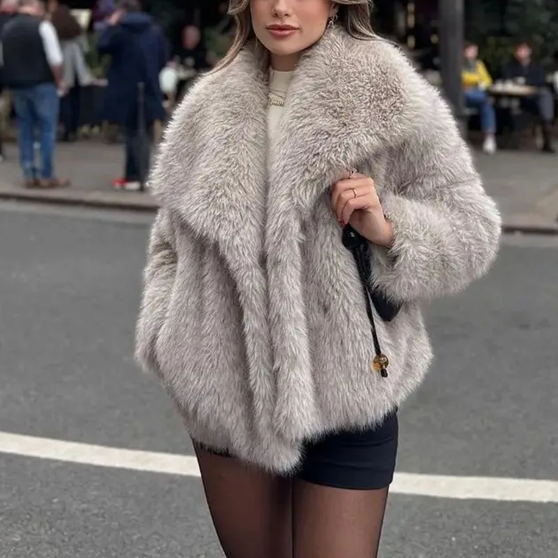 Talenza Winter Fake Fur Jacket Women's Loose Casual Lapel Short Mink Fur Thickened Jacket Office Lady Warm Streetwear Jacket