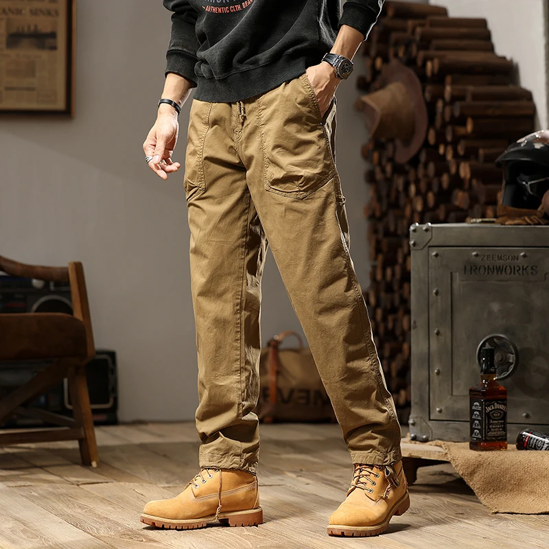 JAYSCE 2024 Spring Men\'s Casual Cargo Pants Fashionable Loose High Street Style Brown Trousers Micro Elastic Straight Leg Pants