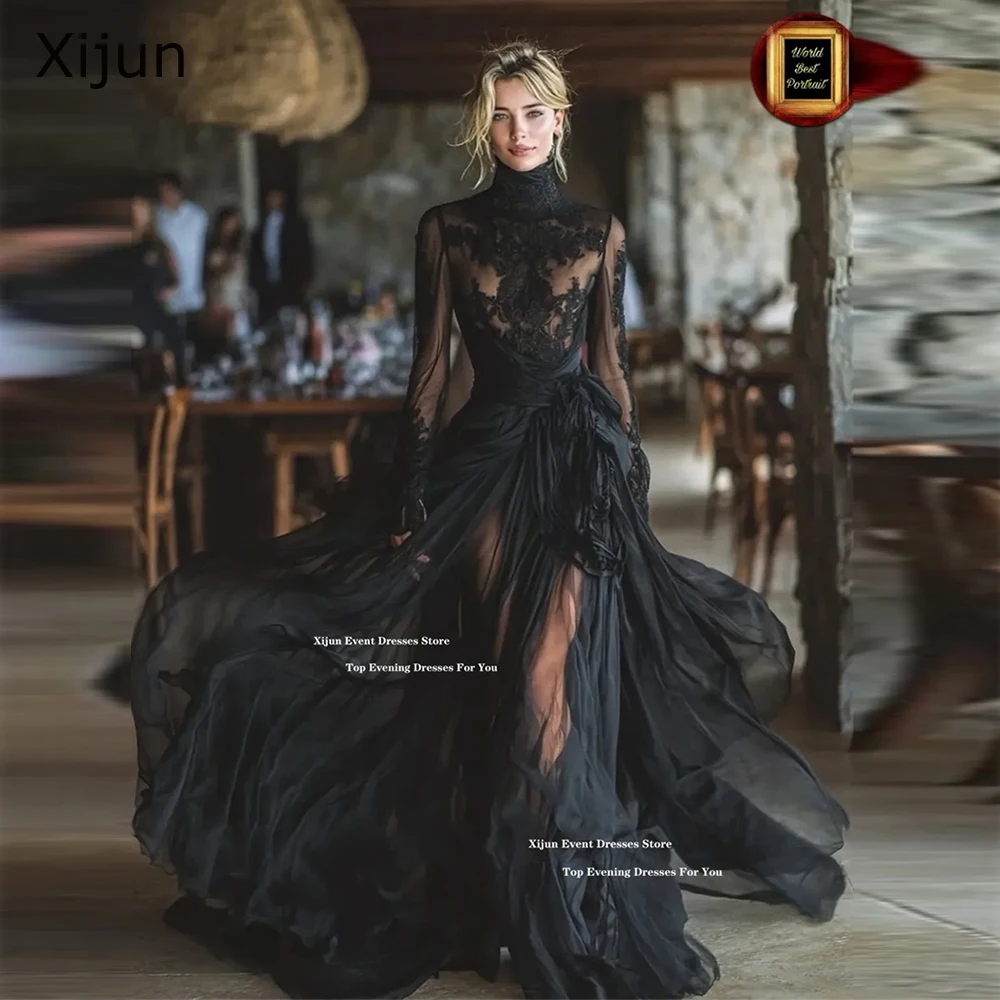 

Xijun черные готические кружевные вечерние платья с длинными рукавами и высоким воротником, сексуальные платья для выпускного вечера трапециевидной формы с цветочной аппликацией, платья для выпускного вечера на заказ