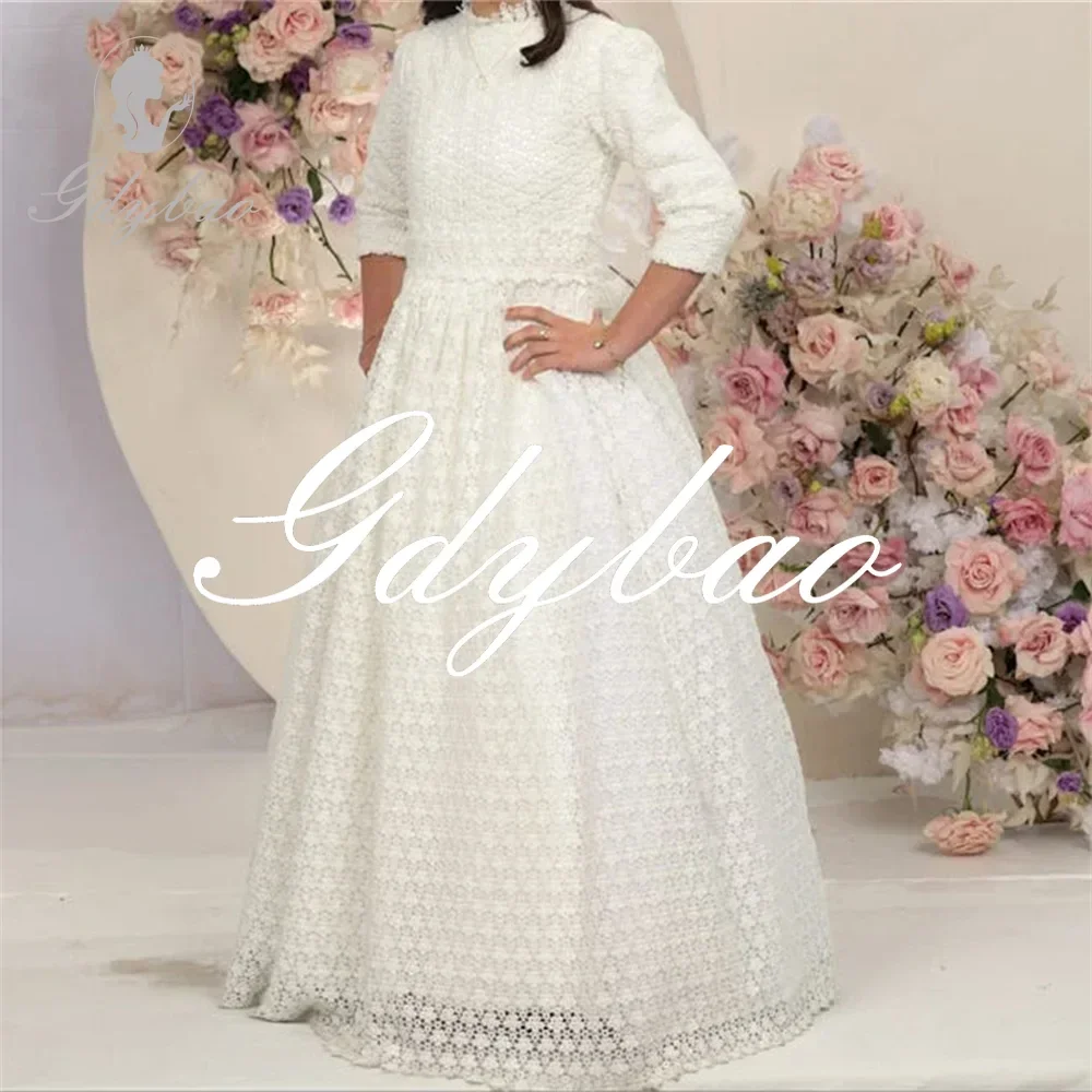 Customized High Neck Pleat Applique Puff Sleeve A Line Lace Flower Girl Dress Floor Length Elegant Formal First Communion Gown