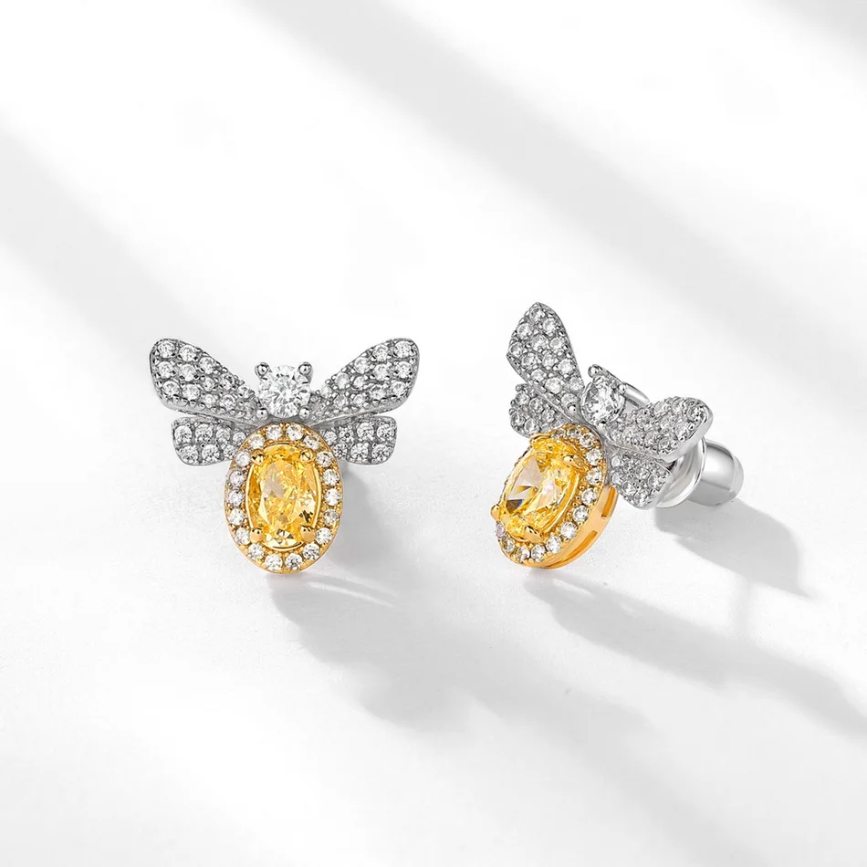 

ALLNOEL 925 Sterling Silver Stud Earrings For Women Oval 4*6mm Yellow High Carbon Diamond Bee Jewelry Wedding Gift Wholesale