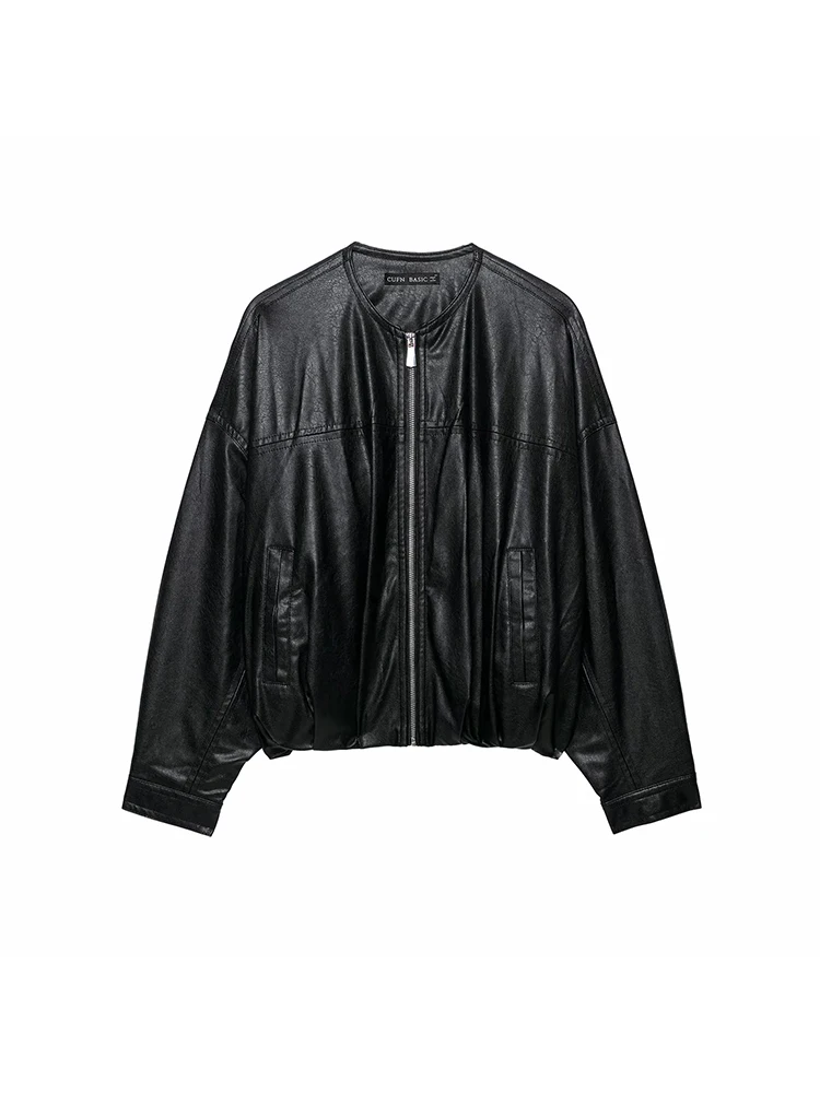 Women Fall Faux Leather Cropped Black Jacket Women Zip Up Long Sleeve Elastic Hem Loose Fit Biker Coat Streetwear Lady Outerwear