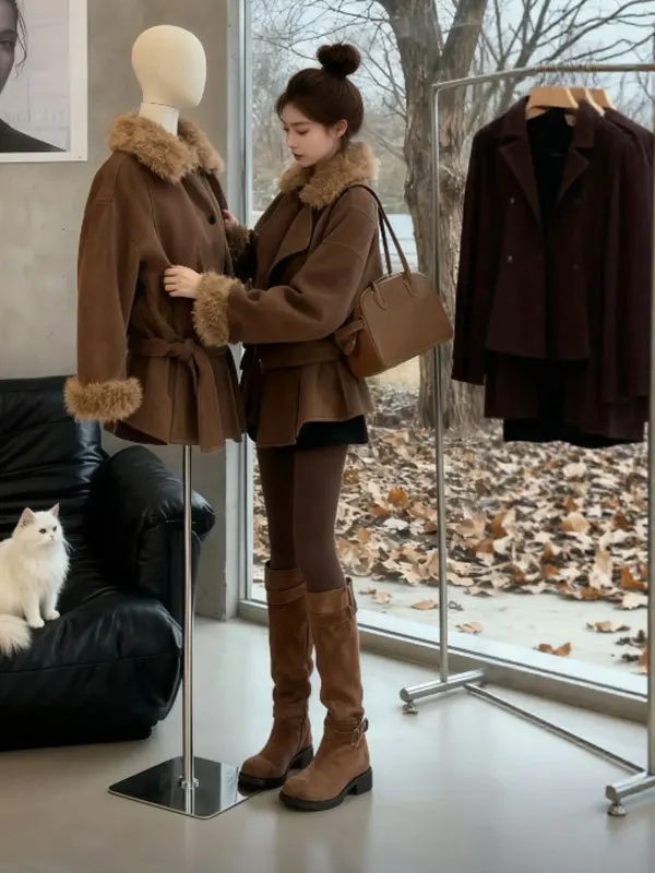 

Корейское шерстяное пальто премиум-класса с поясом, осенне-зимняя верхняя одежда, модное, индивидуальное, маленький размер, пальто большого размера