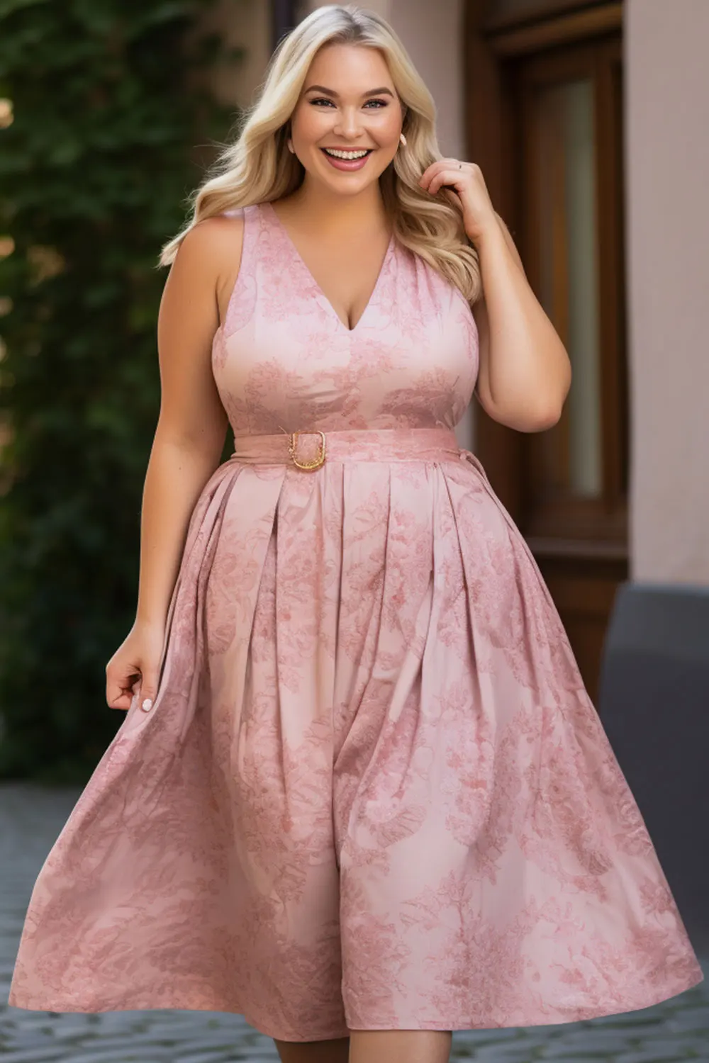 

Flycurvy Plus Size Wedding Guest Pink Jacquard Sleeveless High Waist Pleated Midi Dress