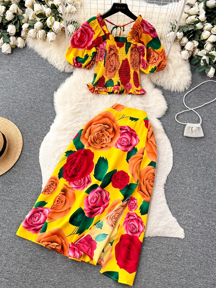 YuooMuoo Women Dress Sets Summer Fashion Floral Print Beach Robe Femme Puff Sleeve Crop Tops + High Waist Split Long Skirts