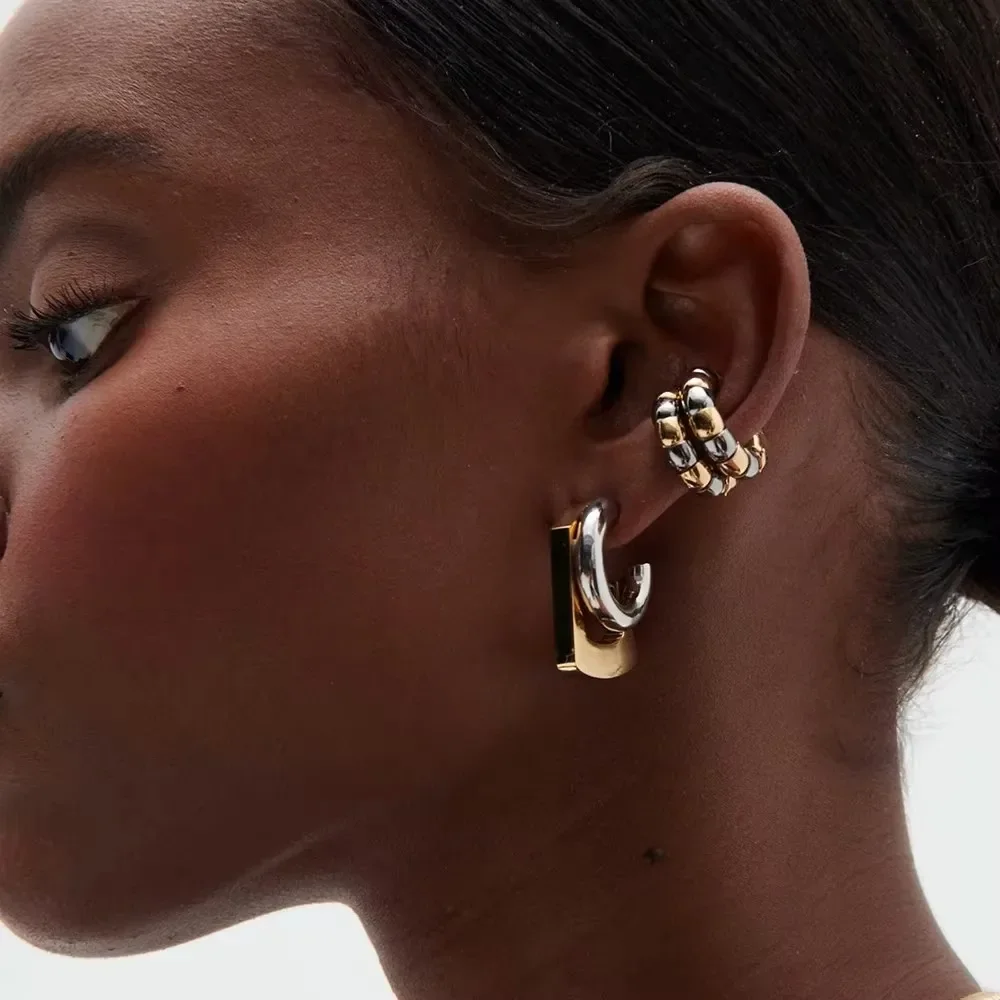 Mix Color Stainless Steel Double-layer Hoop Earrings Women Hypoallergenic Twist Circle Chunky Ear Huggie Earclip Vintage Jewelry view 6