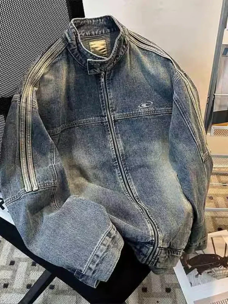 แจ็คเก็ตยีนส์วินเทจทรงหลวม คอตั้ง แขนยาว สไตล์ลำลอง โอเวอร์ไซส์ แนวสตรีท Y2K สำหรับฤดูใบไม้ผลิและฤดูใบไม้ร่วง