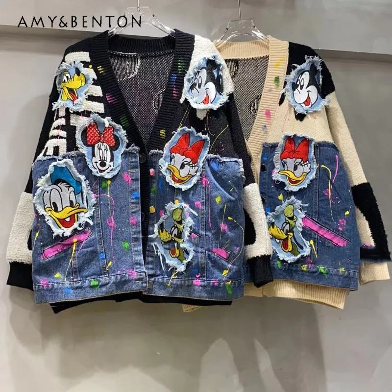 

Kawaii Cartoon Patch Graffiti Denim Splicing Sweater Jacket Women's Autumn Winter New Loose Cardigan Knitted Top Y2k Knitwear