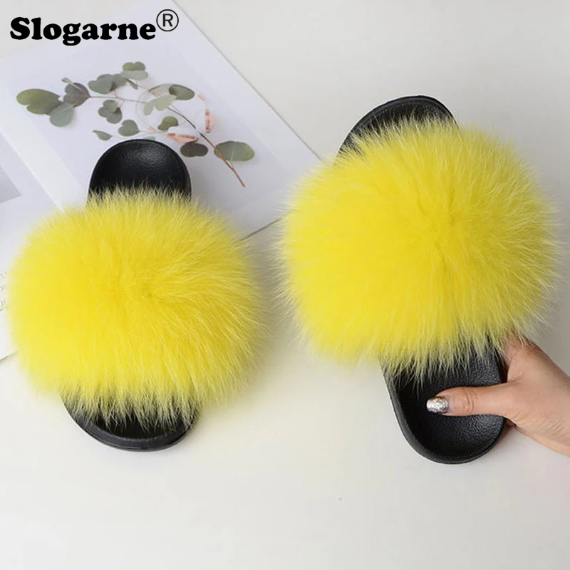 Summer Faux Fox Fur Slippers Fuzzy Fur Slides Women Fluffy Sandals Indoor Outdoor Ladies Shoes Woman Slippers Furry Flip Flops