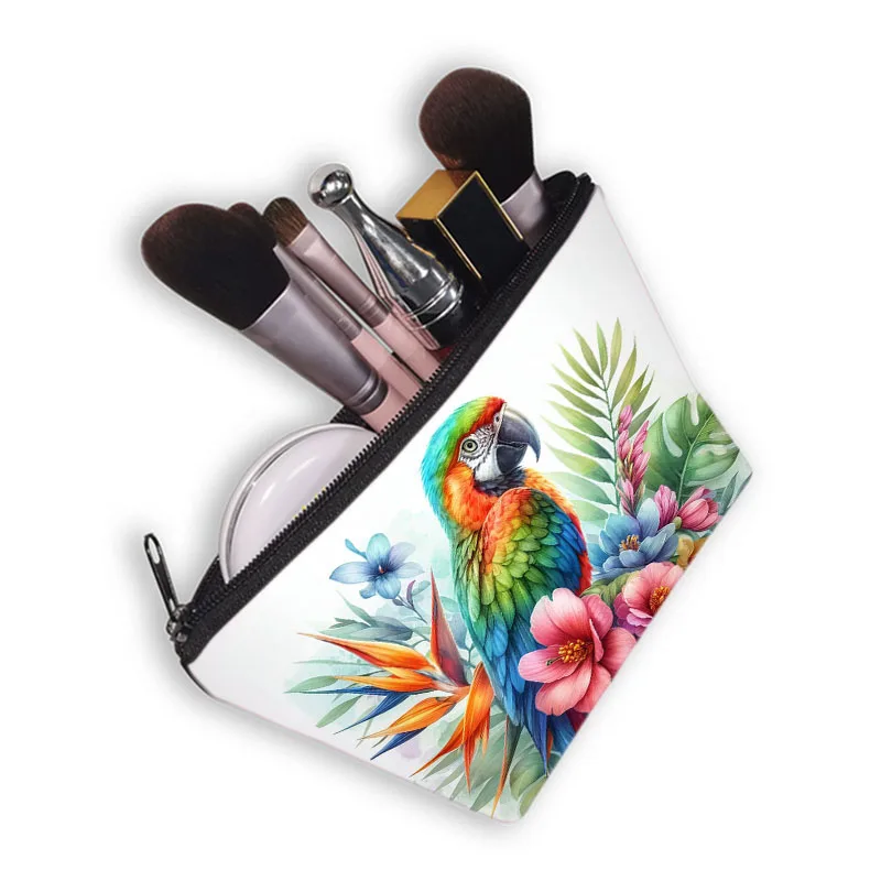 Watercolor Parrot Cosmetic Cases Macaw Toucan Hummingbird Birds Makeup Bag Women Toiletry Washing Bags Lipstick Holder Organizer