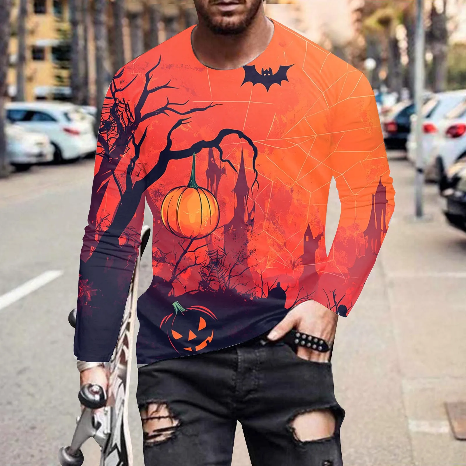 Men Long Sleeve T‑Shirt Halloween Pumpkin Spider Bat Castle Print Crew Neck Casual Party Blouse