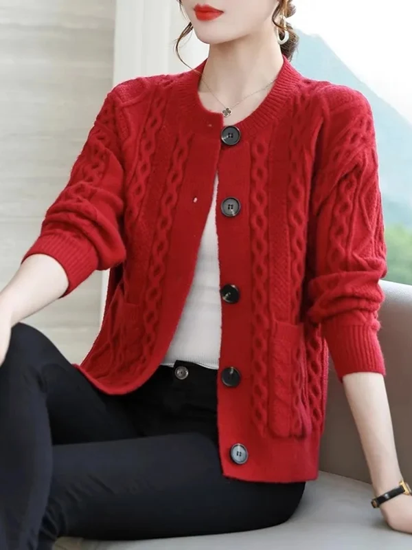  Color Knitted Sweater Cardigan Women's Spring Autumn Casual Loose Versatile round Neck Outerwear Top Fashion Korean Style