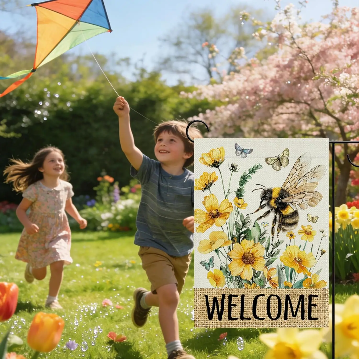 Welcome Spring Summer Bumble Bee Floral Decorative Garden Flag, Yellow Flower Butterfly Small Yard Outside Decorations, Wild AAS