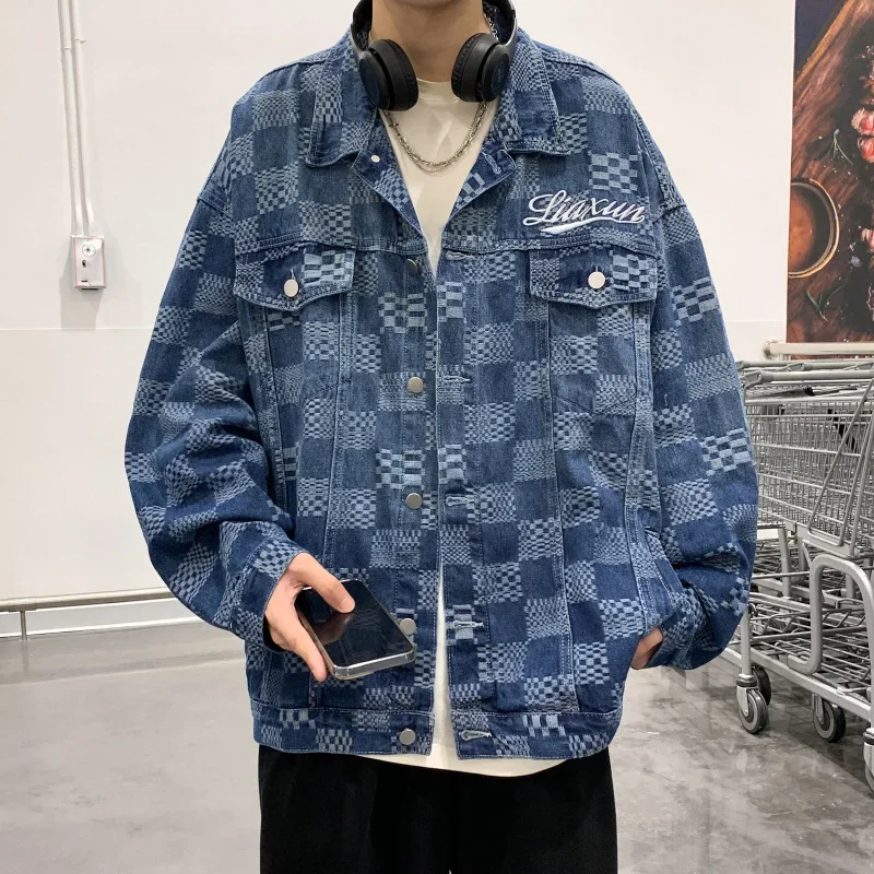 

Japanese Vintage Plaid Denim Jacket for Man Streetwear Fashion Designer Embroidery Plus Size Casual Loose Jeans Jacket Men