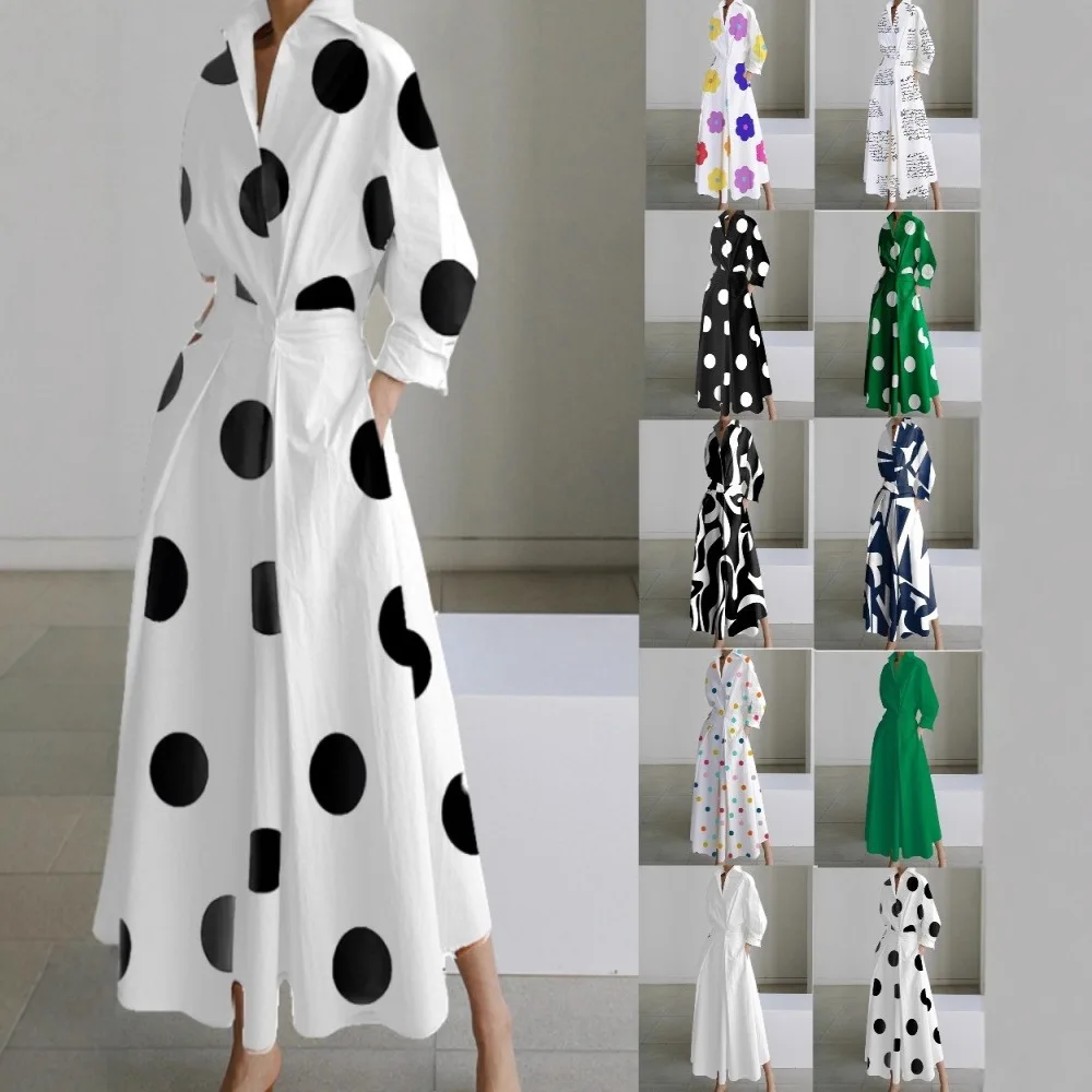 

Women summer dress 2026 new Fashion Long-sleeved turn down collar V-neck dot floral Printed Dress women vestidoes clothing