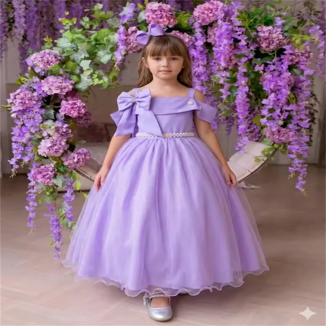 Princess Flower Girl Dresses For Wedding Satin Off Shoulder Floor Lenght Kids Party Birthday First Communion Gown Custom