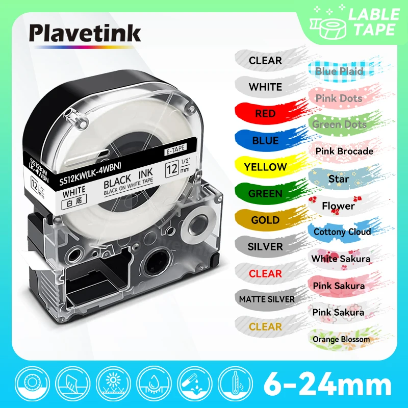 PLAVETINK-cintas de etiquetas SS12KW, compatibles con Epson Lw400, cartuchos de LK-4WBN, funciona con LW-300, 400, 500, 600P, 700