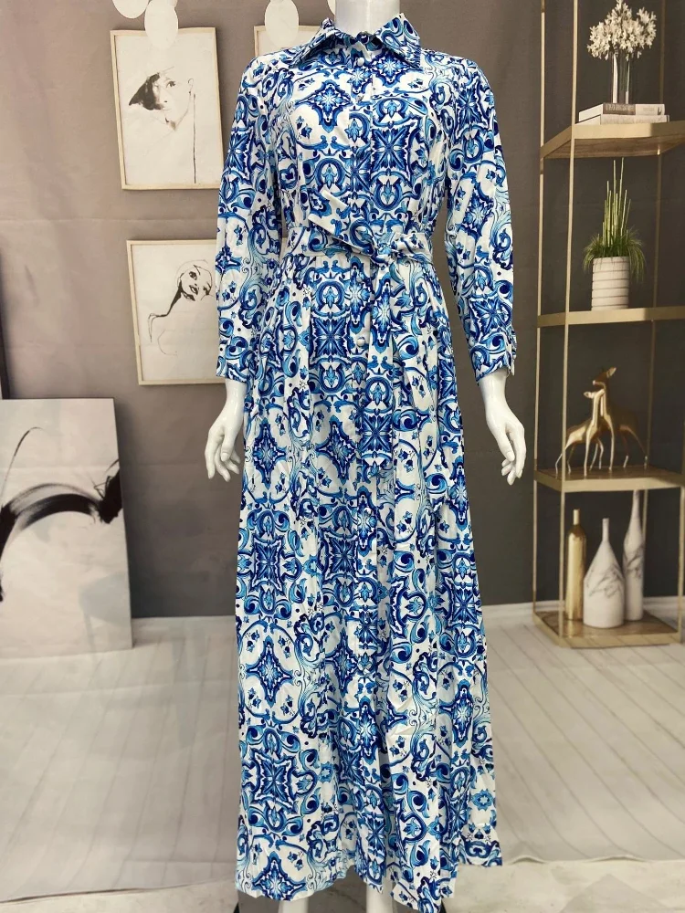 Gaun Abaya Idul Fitri Gaun Hijab Biru Gambar Cetak Wanita Muslim Dubai Pakaian Islami Turki Kaftan Marocain Vestido Musulmane