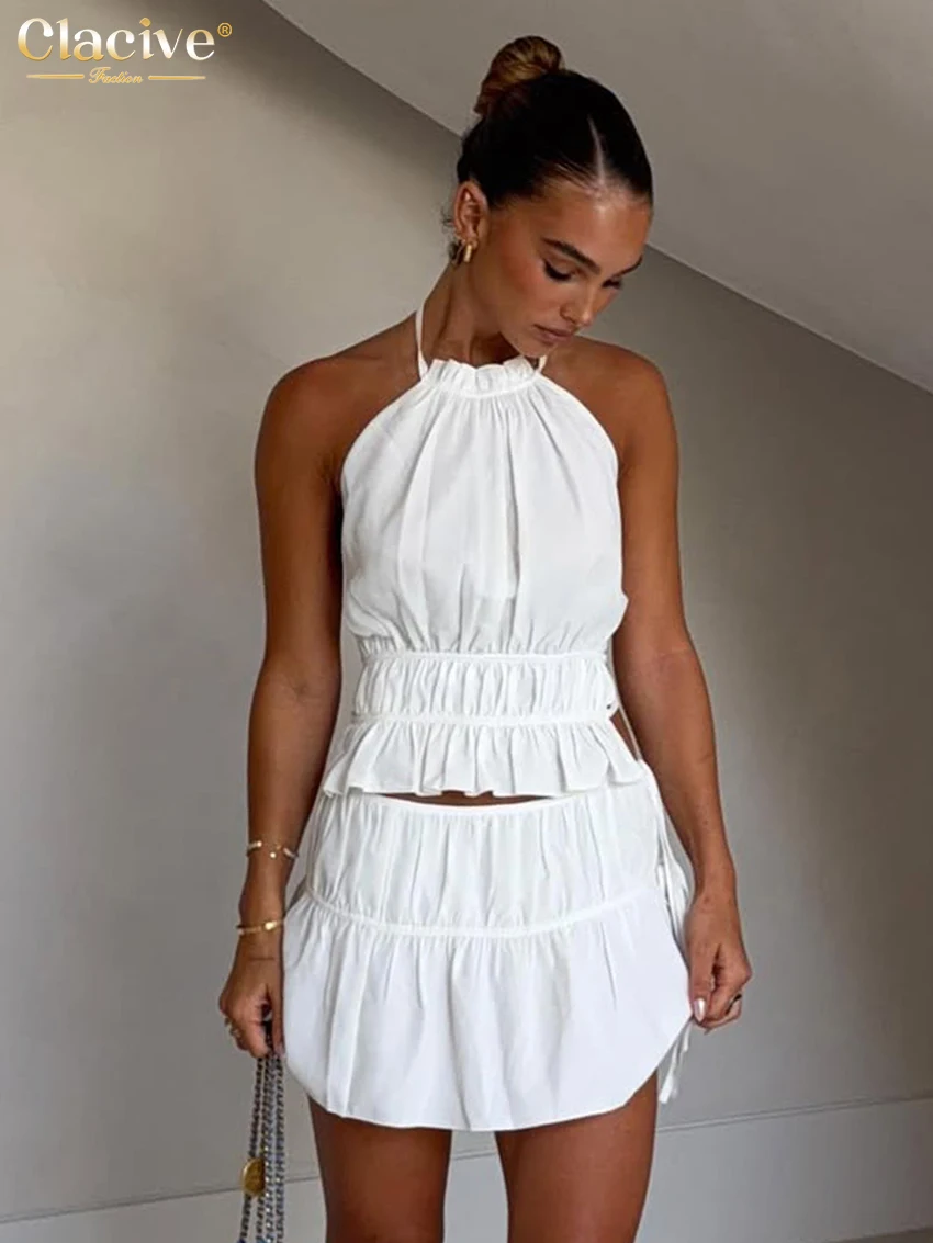 

Комплект Clacive: Сексуальный облегающий белый комплект из 2 предметов для женщин, летний, 2026, топ без рукавов и мини-юбка с высокой талией, женская одежда
