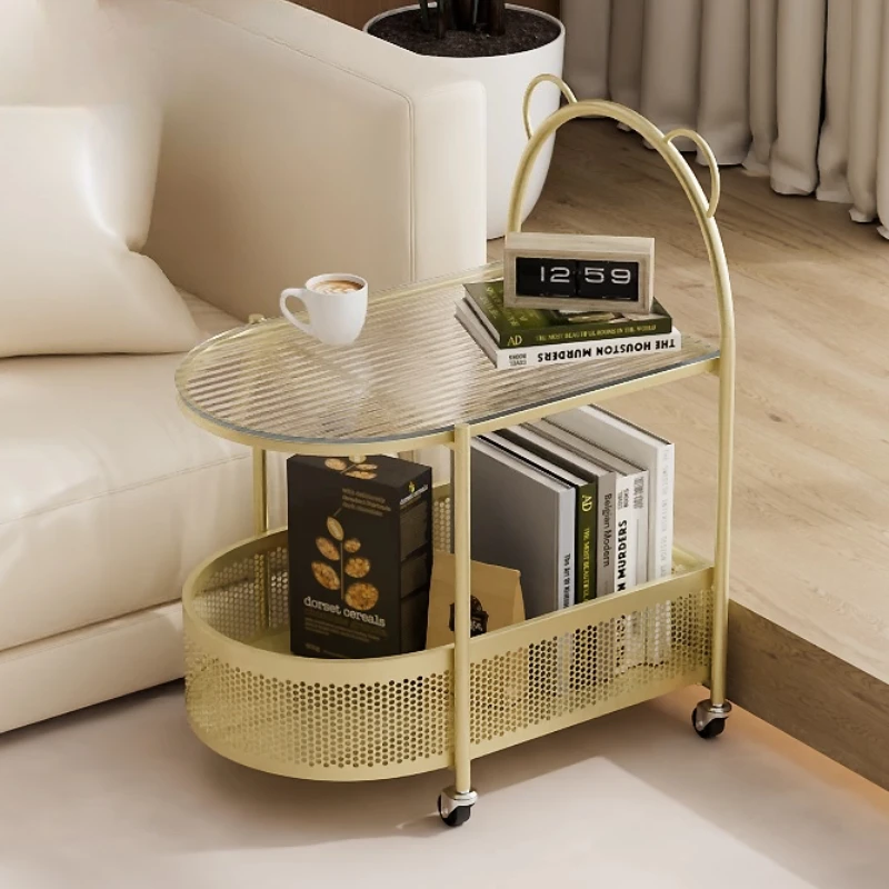 Cream Color Mobile Side Table with Wheels 2-Tier Glass Top Snack Cart Sturdy round Corner Design for Living Room