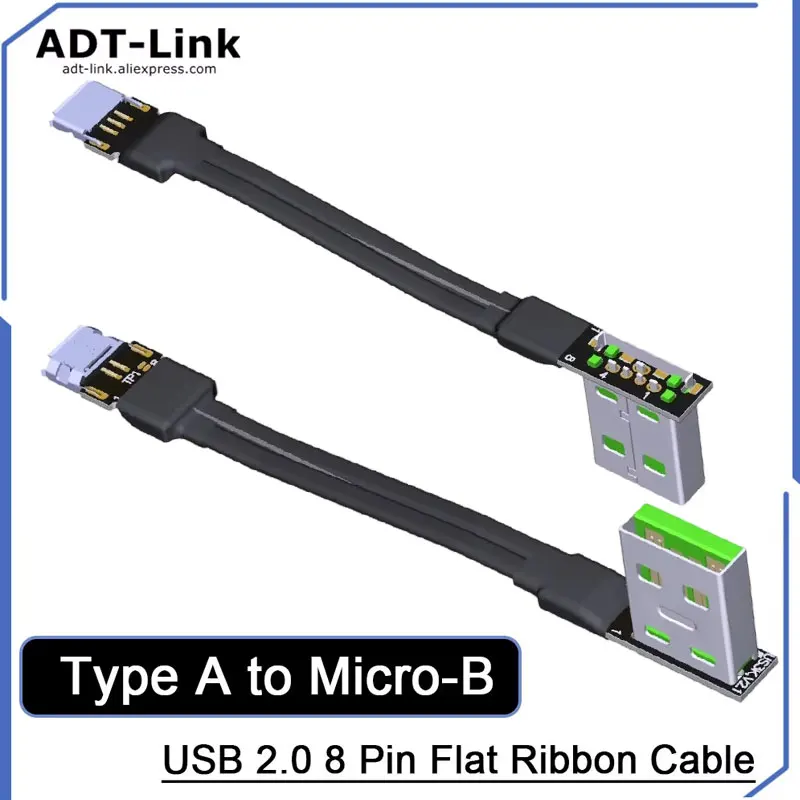 ADT-Link USB 2.0 Type A to Micro-B Flat Ribbon Cable 8 Pin 3A 90° Bending Angle USB Extension Cable for Data Transfer 0.48G/bps