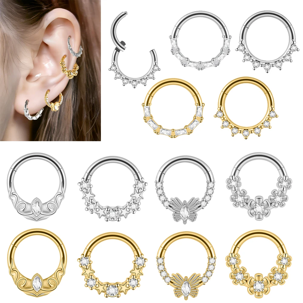 1PC Different Style CZ Flower/Butterfly Nose Rings 16G Segment SurgicaL Steel Cartilage Daith Hoop Zirconia Piercing Earring