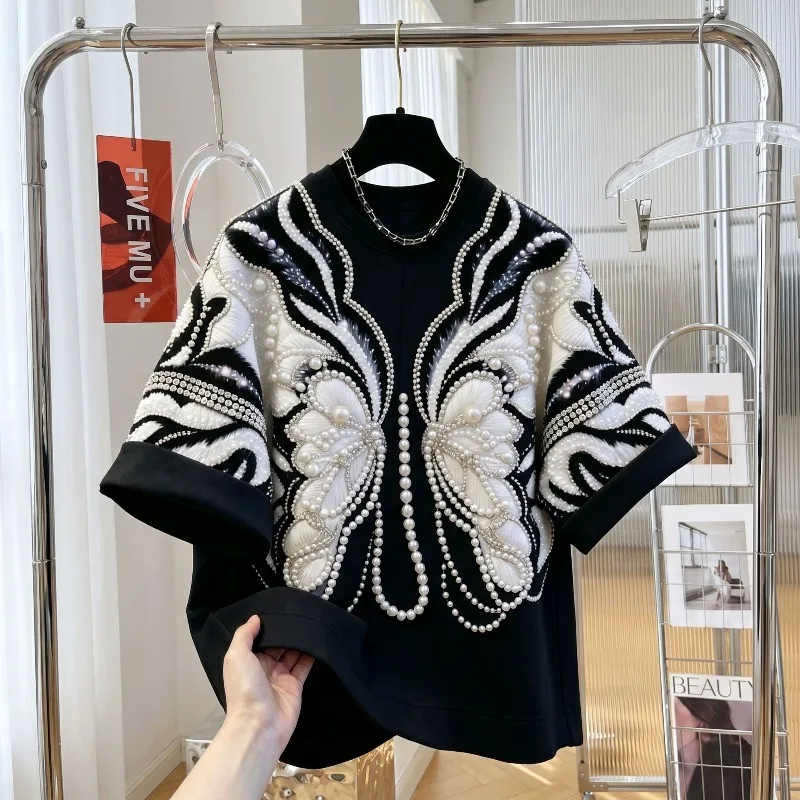 Summer Trend New Bead Butterfly Embroidery Loose Extra Large 145KGT-Shirt Lazy Fashion Men's