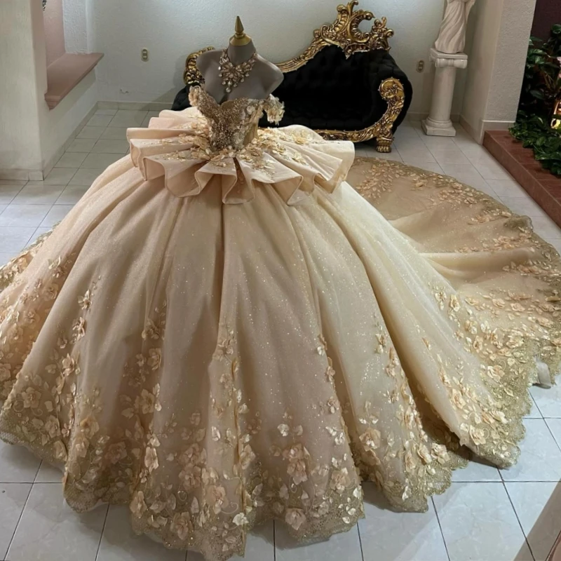 

Блестящее платье принцессы цвета шампанского с открытыми плечами Sweet 16, платья Quinceanera, аппликация, цветочные бусины, тюлевые платья для вечеринки, дня рождения, Vestidos