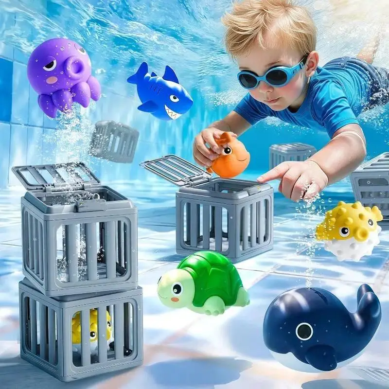 Kids Bath Diving Toys Set Aquatic Life Box with Storage Cage Durable Water Toy for Swimming Pool Outdoor Family Play